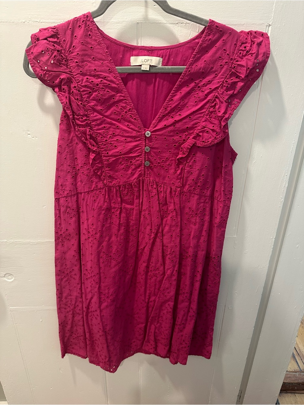 LOFT Fuchsia Eyelet Ruffle V-Neck Tunic